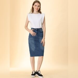 NWT Allegra K High Waist Back Slit Stretch Denim Midi Skirt Raw Hem Size Medium